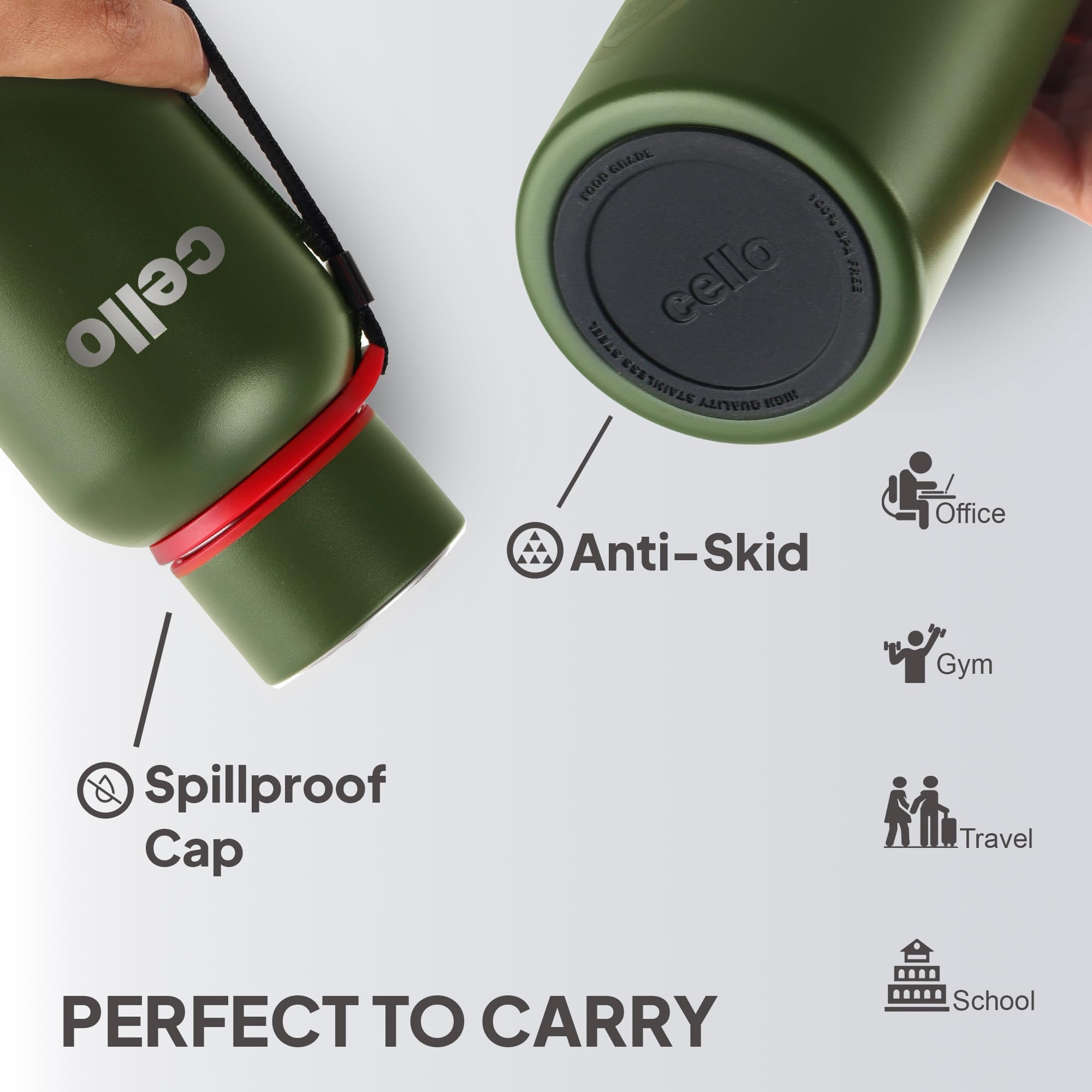 Cello Duro Kent Thermosteel Flask with DTP Coating, 900ml, Military Green | 24 Hours Hot and Cold Stainless Steel Bottle | Flask